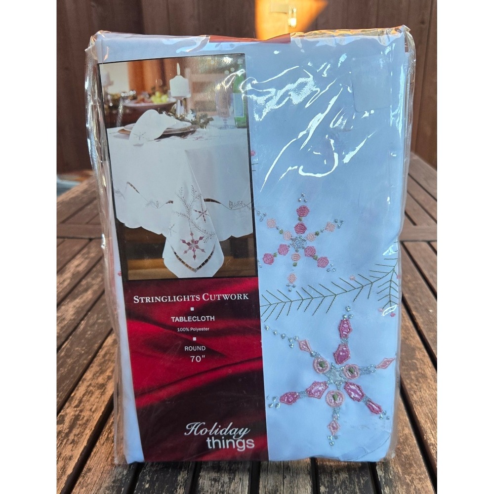 Holiday Things Stringlights Cutwork Round 70" Tablecloth New Sealed